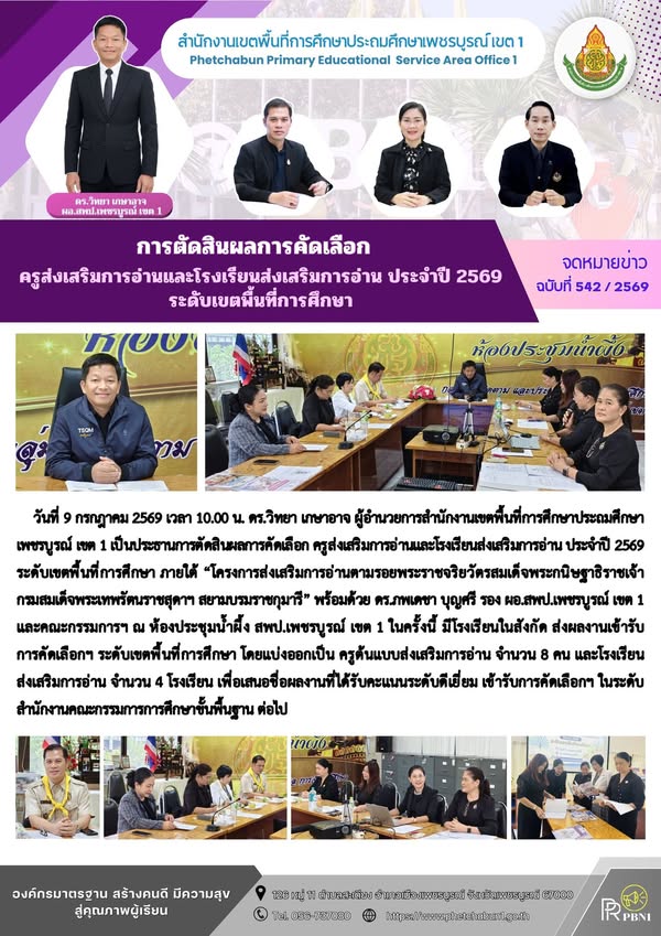 การตัดสินผลการคัดเลือก ครูส่งเสริมการอ่านและโรงเรียนส่งเสริมการอ่าน ประจำปี2569 ระดับเขตพื้นที่การศึกษา วันที่ 9 กรกฎาคม 2